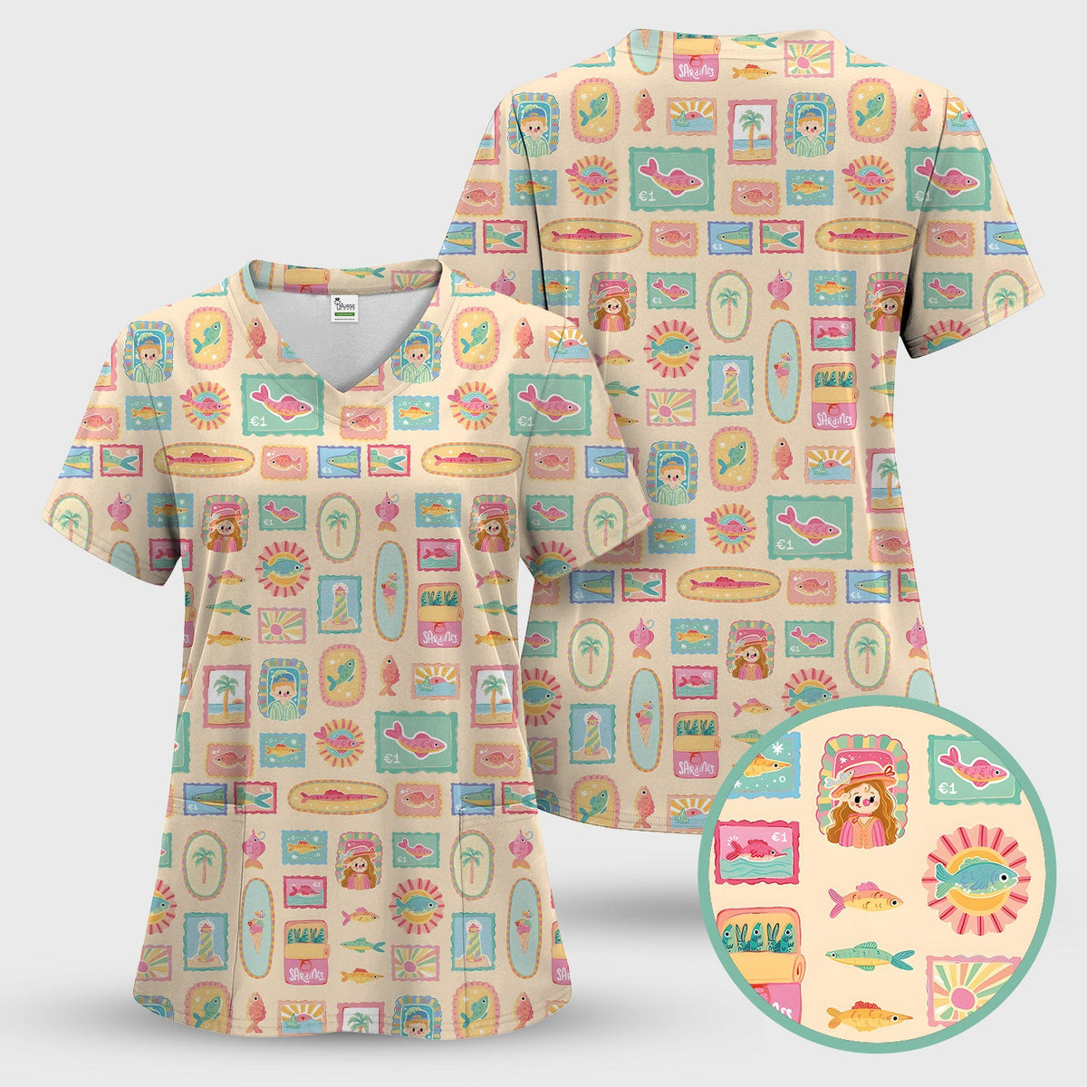 Coastal Vintage Postage Stamp Pattern Scrub Top, Comfortable Scrubs for Nurses