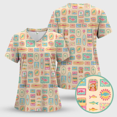 Coastal Vintage Postage Stamp Pattern Scrub Top, Comfortable Scrubs for Nurses