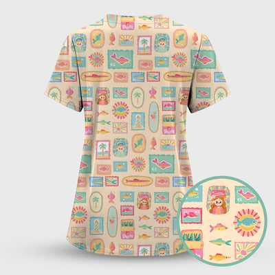 Coastal Vintage Postage Stamp Pattern Scrub Top, Comfortable Scrubs for Nurses
