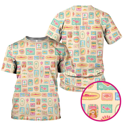Coastal Vintage Postage Stamp Pattern Scrub Top, Comfortable Scrubs for Nurses