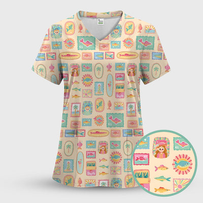 Coastal Vintage Postage Stamp Pattern Scrub Top, Comfortable Scrubs for Nurses