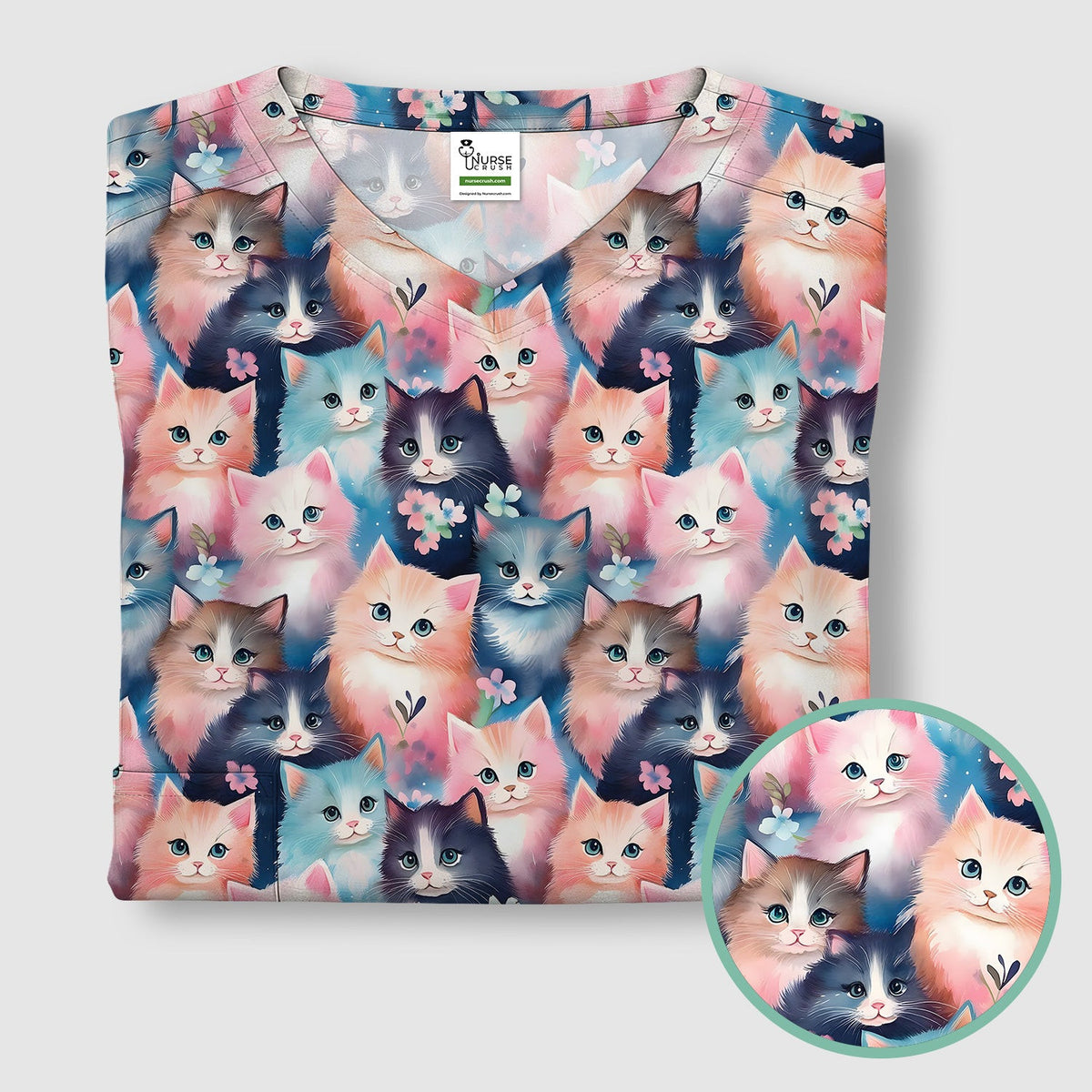 Pastel Kitten Pattern Scrub Top, Cute Aesthetic Cat Nursing Uniform for Women