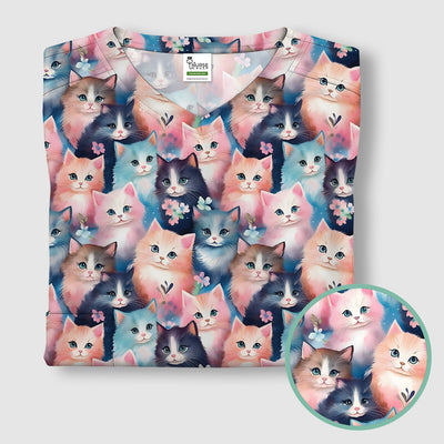Pastel Kitten Pattern Scrub Top, Cute Aesthetic Cat Nursing Uniform for Women