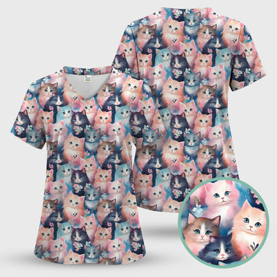 Pastel Kitten Pattern Scrub Top, Cute Aesthetic Cat Nursing Uniform for Women