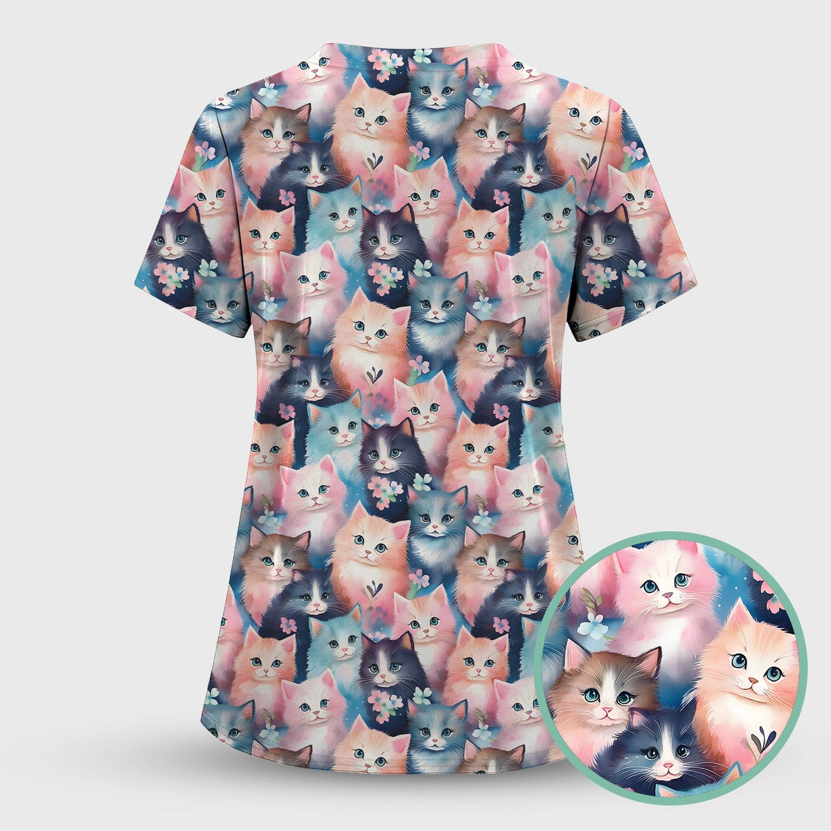 Pastel Kitten Pattern Scrub Top, Cute Aesthetic Cat Nursing Uniform for Women