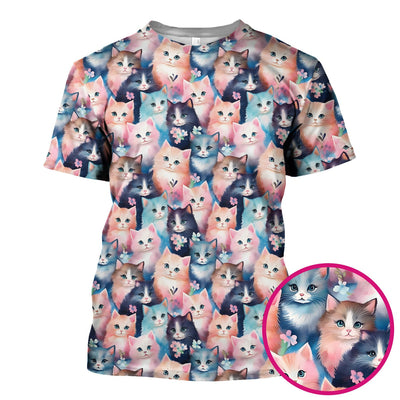 Pastel Kitten Pattern Scrub Top, Cute Aesthetic Cat Nursing Uniform for Women