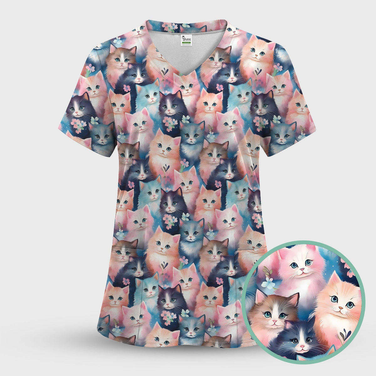 Pastel Kitten Pattern Scrub Top, Cute Aesthetic Cat Nursing Uniform for Women