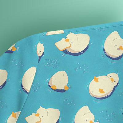 Cute Blue Duck Pond Pattern Scrub Top, Comfortable Scrubs For Nurses