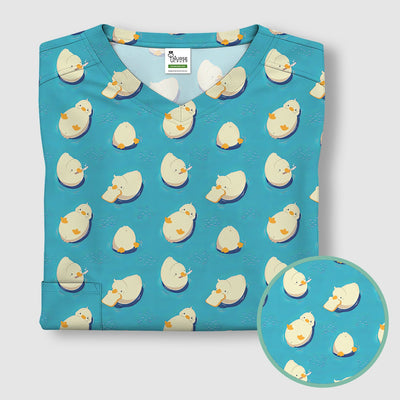 Cute Blue Duck Pond Pattern Scrub Top, Comfortable Scrubs For Nurses