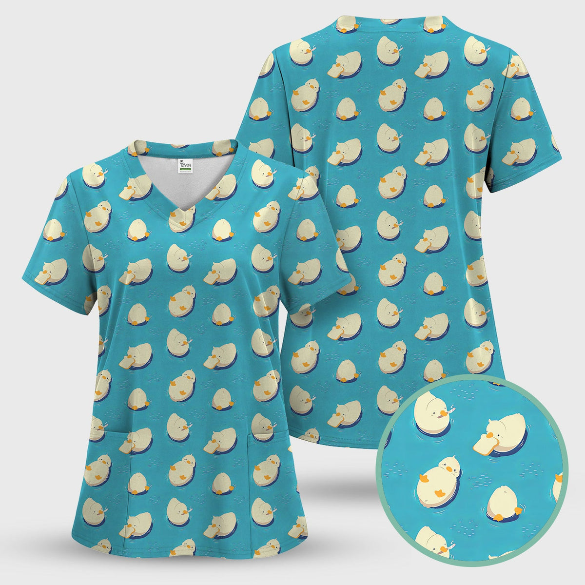 Cute Blue Duck Pond Pattern Scrub Top, Comfortable Scrubs For Nurses