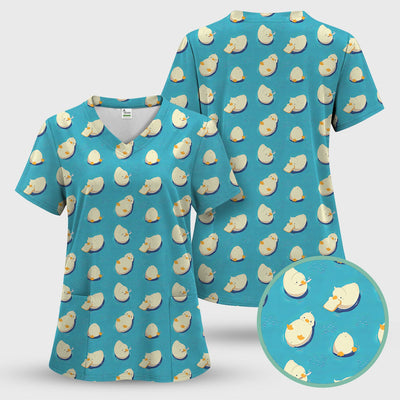 Cute Blue Duck Pond Pattern Scrub Top, Comfortable Scrubs For Nurses
