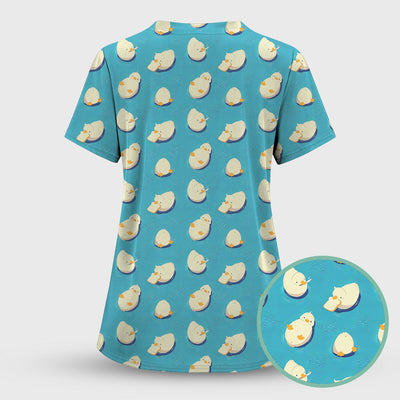 Cute Blue Duck Pond Pattern Scrub Top, Comfortable Scrubs For Nurses