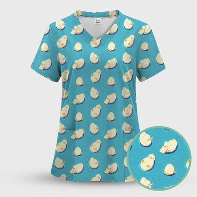 Cute Blue Duck Pond Pattern Scrub Top, Comfortable Scrubs For Nurses