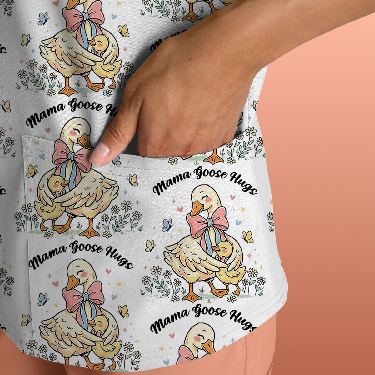 Cute Mama Goose Hug Pattern Scrub Top, Comfortable Scrubs For Nurses