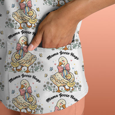Cute Mama Goose Hug Pattern Scrub Top, Comfortable Scrubs For Nurses