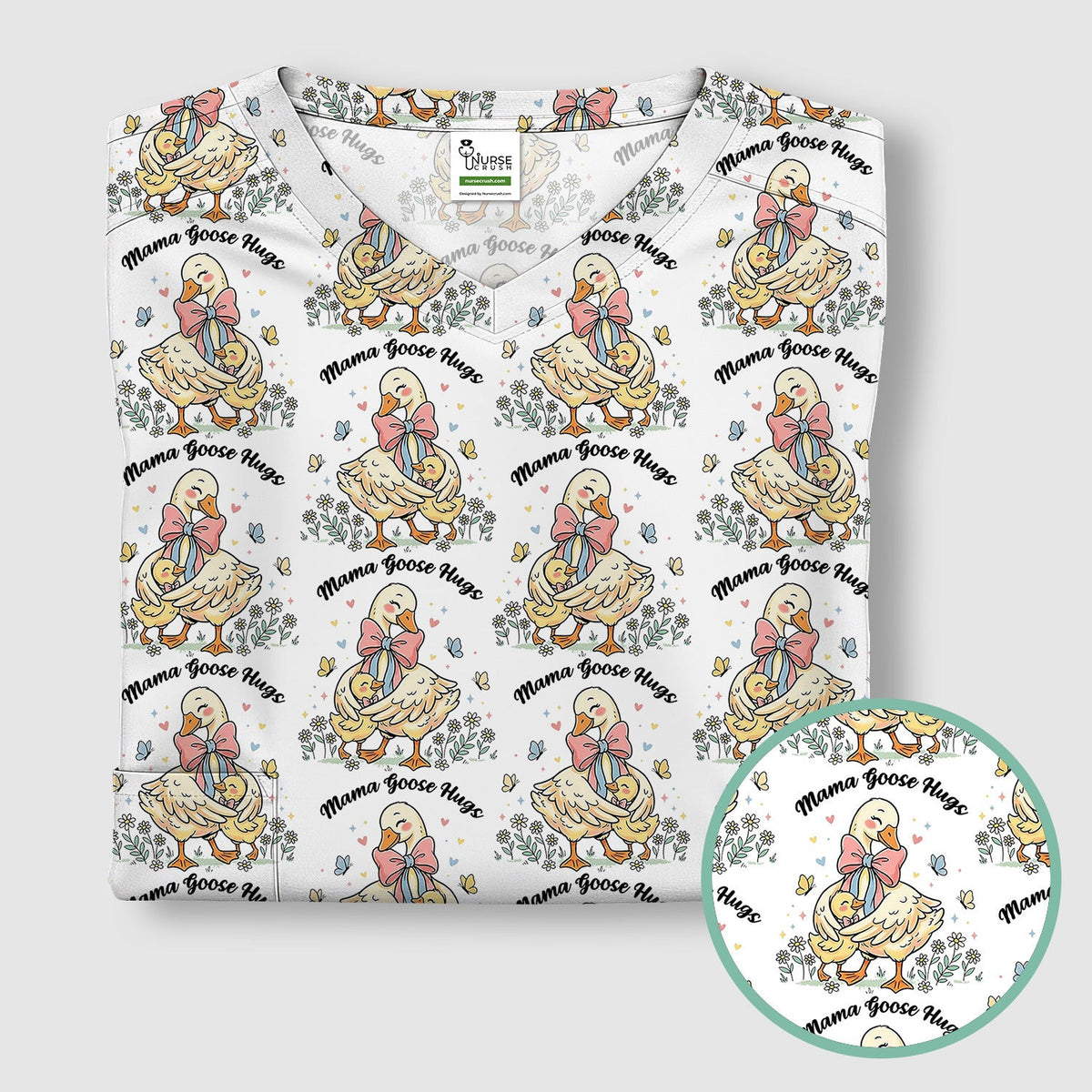 Cute Mama Goose Hug Pattern Scrub Top, Comfortable Scrubs For Nurses