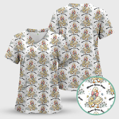Cute Mama Goose Hug Pattern Scrub Top, Comfortable Scrubs For Nurses