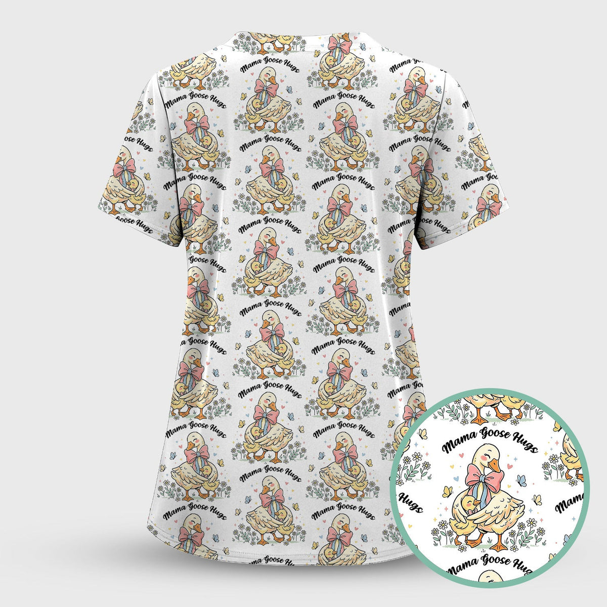 Cute Mama Goose Hug Pattern Scrub Top, Comfortable Scrubs For Nurses