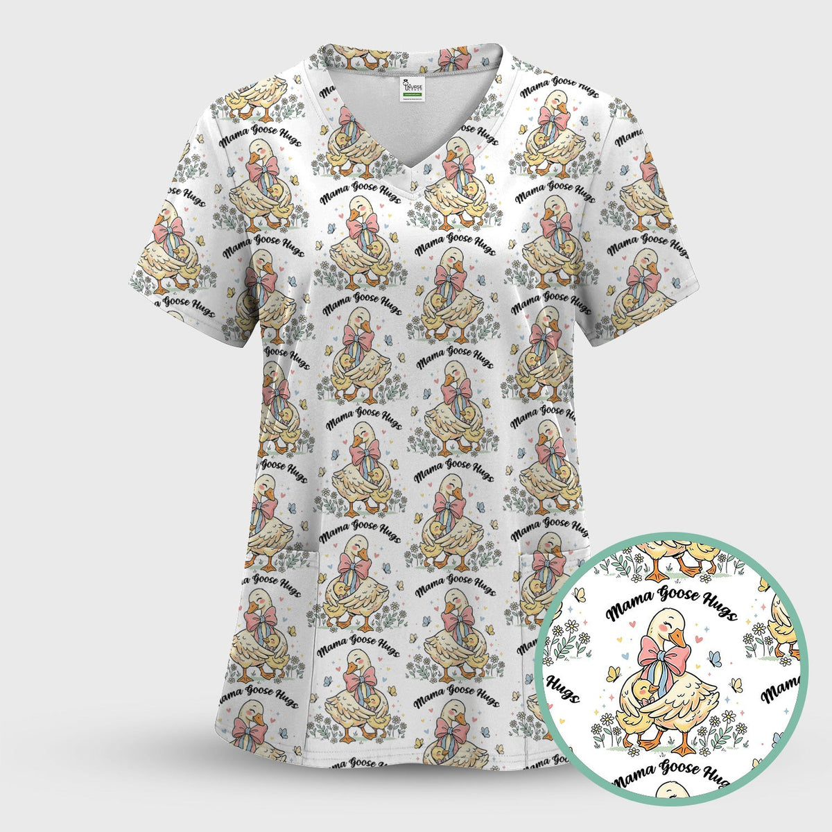 Cute Mama Goose Hug Pattern Scrub Top, Comfortable Scrubs For Nurses