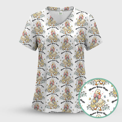 Cute Mama Goose Hug Pattern Scrub Top, Comfortable Scrubs For Nurses