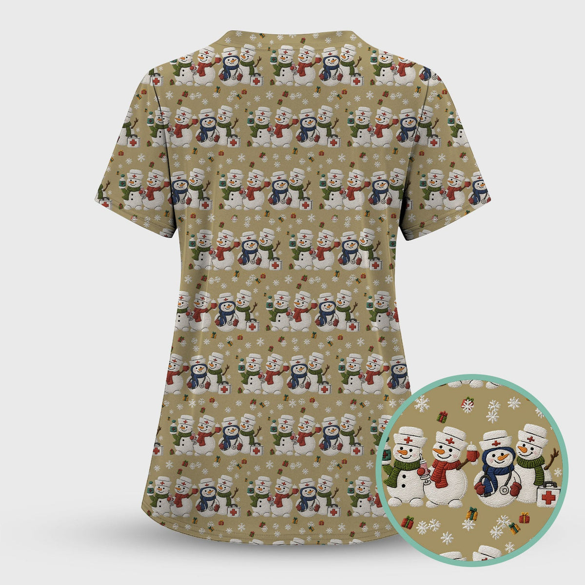 Cute Christmas Snowman Nurse Pattern Scrub Top, Breathable Fabrics Nursing Uniform