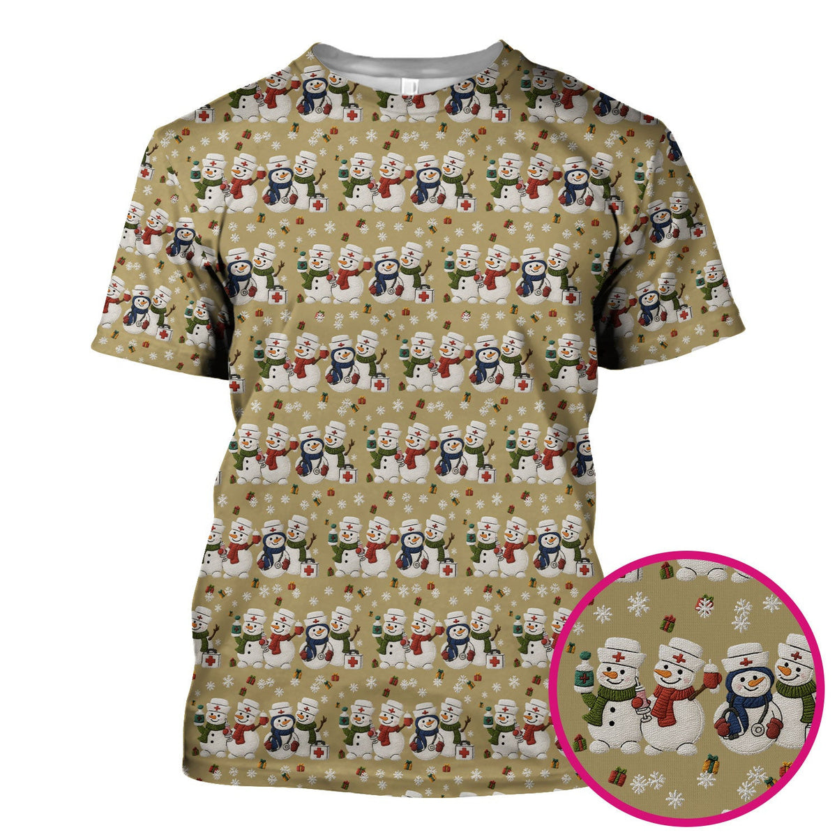 Cute Christmas Snowman Nurse Pattern Scrub Top, Breathable Fabrics Nursing Uniform