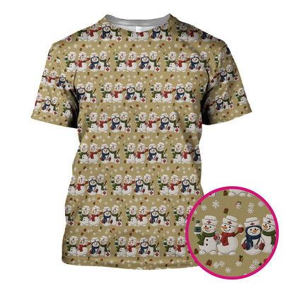 Cute Christmas Snowman Nurse Pattern Scrub Top, Breathable Fabrics Nursing Uniform