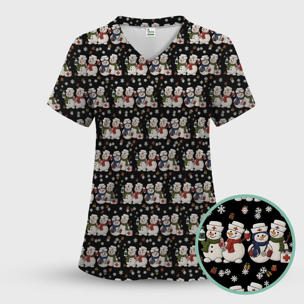 Cute Christmas Snowman Nurse Pattern Scrub Top, Breathable Fabrics Nursing Uniform