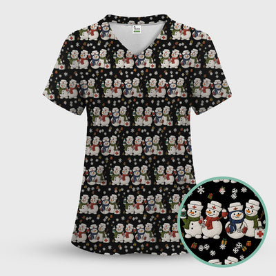 Cute Christmas Snowman Nurse Pattern Scrub Top, Breathable Fabrics Nursing Uniform