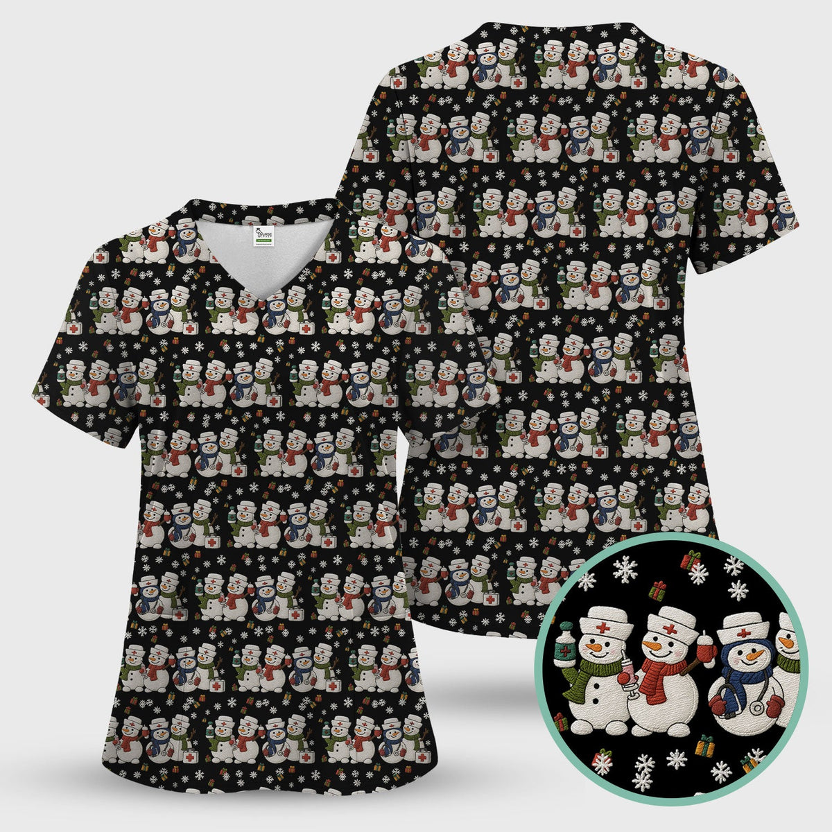 Cute Christmas Snowman Nurse Pattern Scrub Top, Breathable Fabrics Nursing Uniform