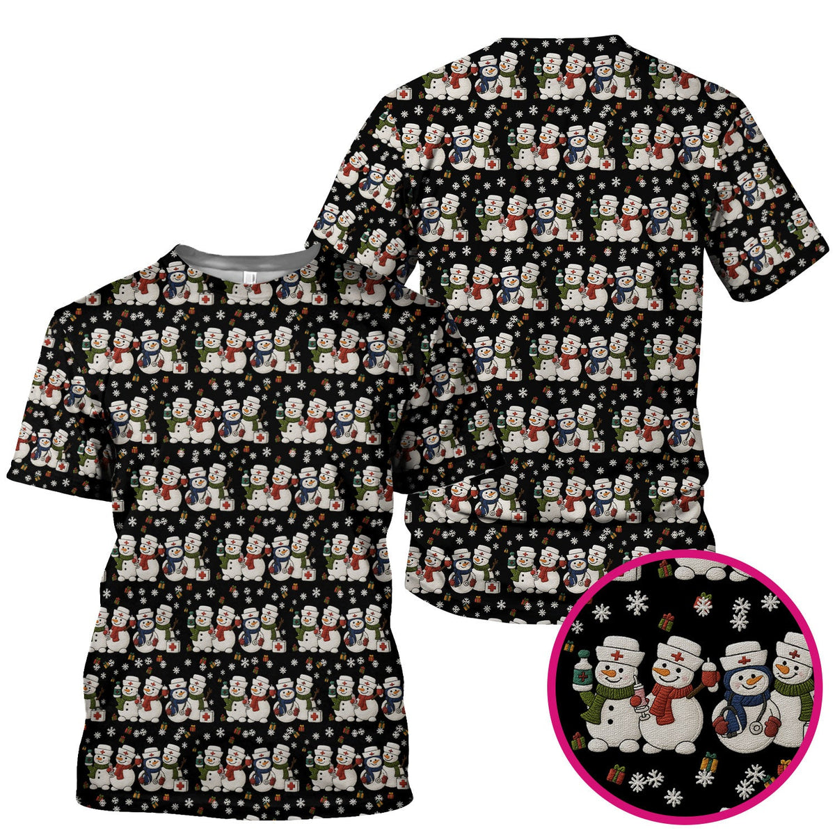 Cute Christmas Snowman Nurse Pattern Scrub Top, Breathable Fabrics Nursing Uniform