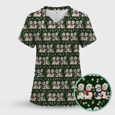 Cute Christmas Snowman Nurse Pattern Scrub Top, Breathable Fabrics Nursing Uniform
