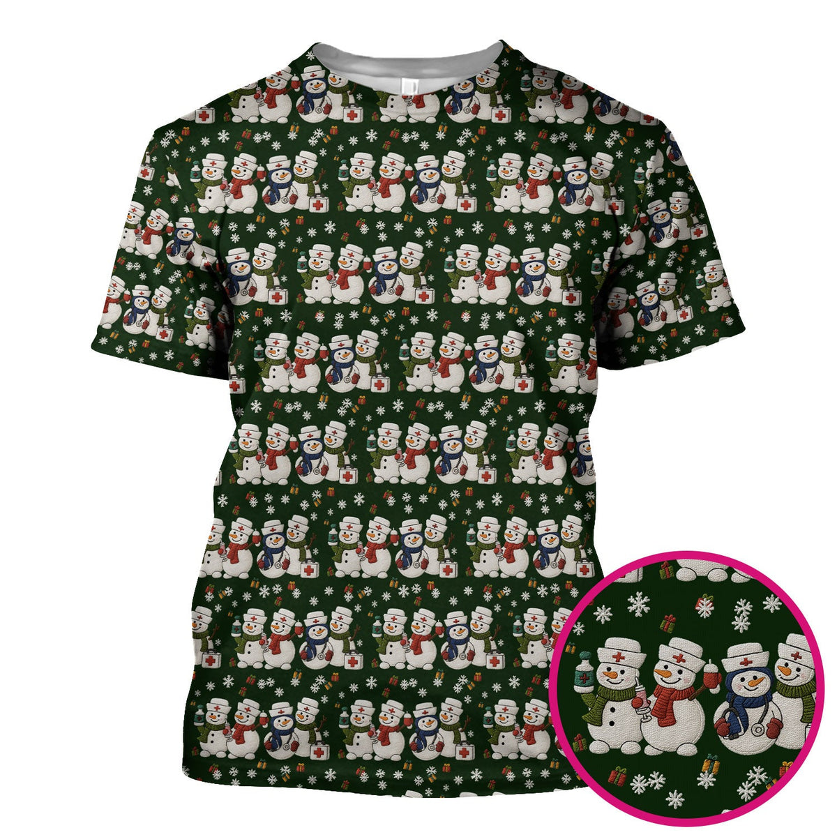 Cute Christmas Snowman Nurse Pattern Scrub Top, Breathable Fabrics Nursing Uniform
