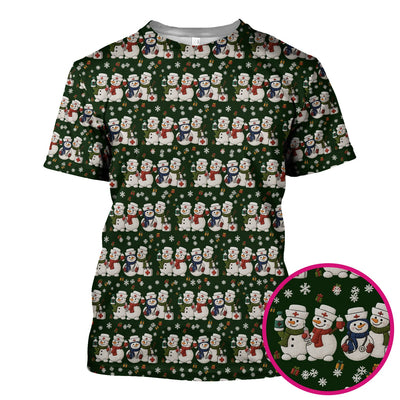 Cute Christmas Snowman Nurse Pattern Scrub Top, Breathable Fabrics Nursing Uniform