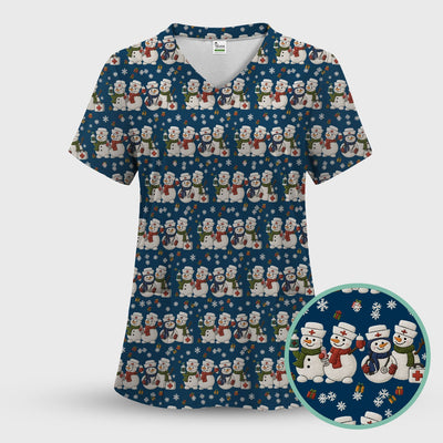 Cute Christmas Snowman Nurse Pattern Scrub Top, Breathable Fabrics Nursing Uniform