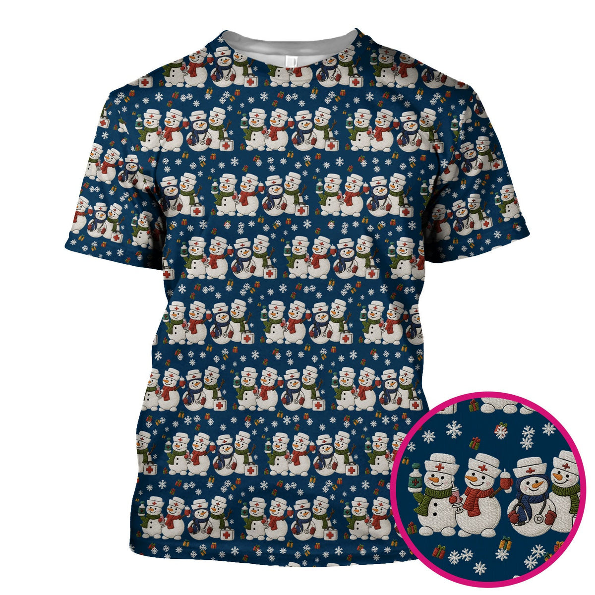 Cute Christmas Snowman Nurse Pattern Scrub Top, Breathable Fabrics Nursing Uniform