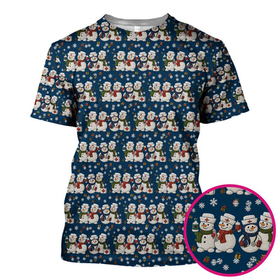 Cute Christmas Snowman Nurse Pattern Scrub Top, Breathable Fabrics Nursing Uniform