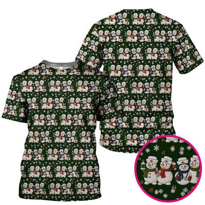 Cute Christmas Snowman Nurse Pattern Scrub Top, Breathable Fabrics Nursing Uniform