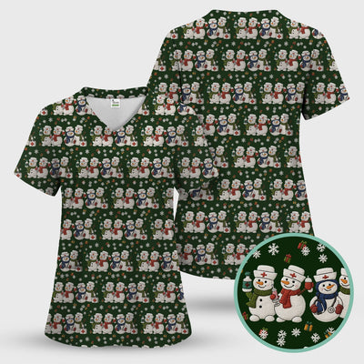 Cute Christmas Snowman Nurse Pattern Scrub Top, Breathable Fabrics Nursing Uniform