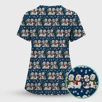 Cute Christmas Snowman Nurse Pattern Scrub Top, Breathable Fabrics Nursing Uniform