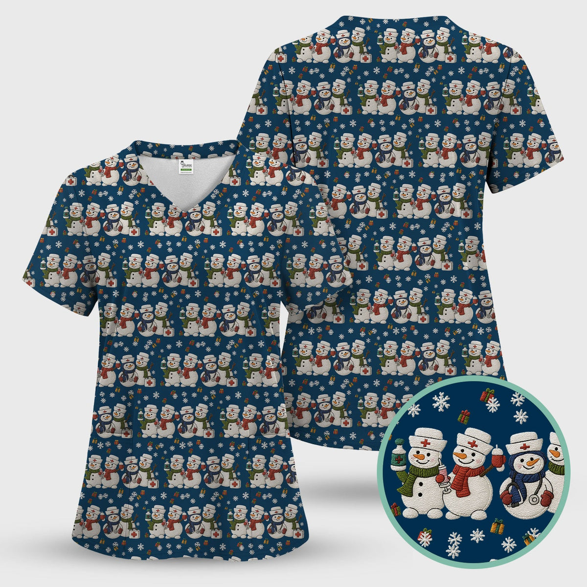 Cute Christmas Snowman Nurse Pattern Scrub Top, Breathable Fabrics Nursing Uniform