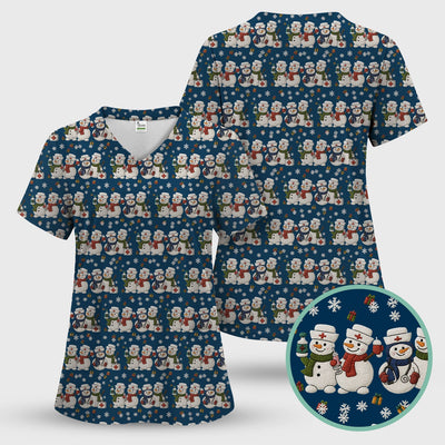 Cute Christmas Snowman Nurse Pattern Scrub Top, Breathable Fabrics Nursing Uniform