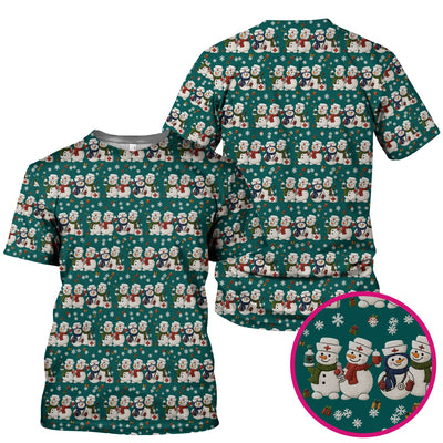 Cute Christmas Snowman Nurse Pattern Scrub Top, Breathable Fabrics Nursing Uniform