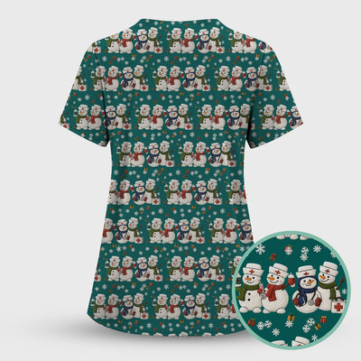 Cute Christmas Snowman Nurse Pattern Scrub Top, Breathable Fabrics Nursing Uniform