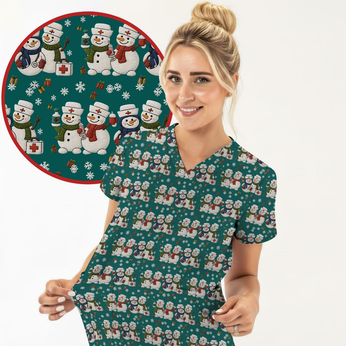 Cute Christmas Snowman Nurse Pattern Scrub Top, Breathable Fabrics Nursing Uniform