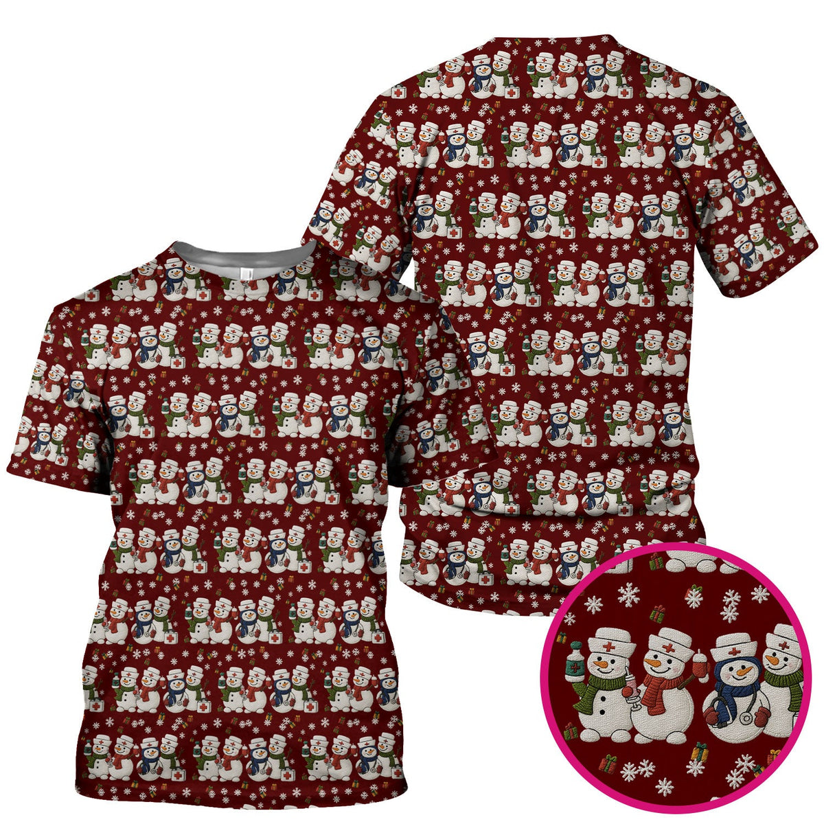 Cute Christmas Snowman Nurse Pattern Scrub Top, Breathable Fabrics Nursing Uniform