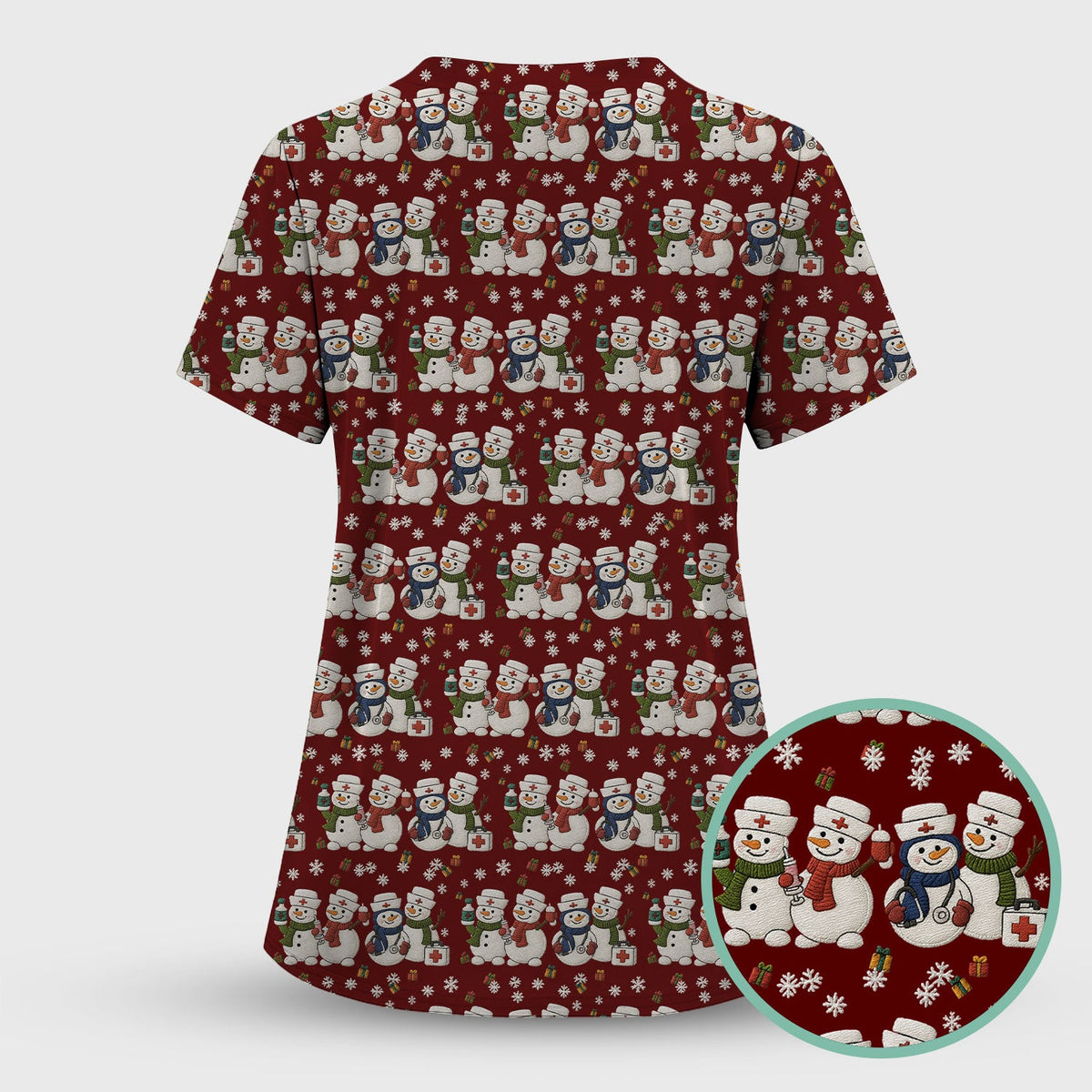 Cute Christmas Snowman Nurse Pattern Scrub Top, Breathable Fabrics Nursing Uniform