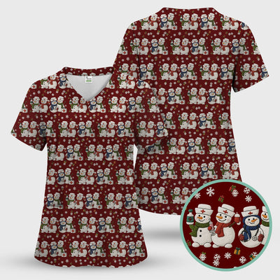 Cute Christmas Snowman Nurse Pattern Scrub Top, Breathable Fabrics Nursing Uniform