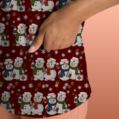 Cute Christmas Snowman Nurse Pattern Scrub Top, Breathable Fabrics Nursing Uniform