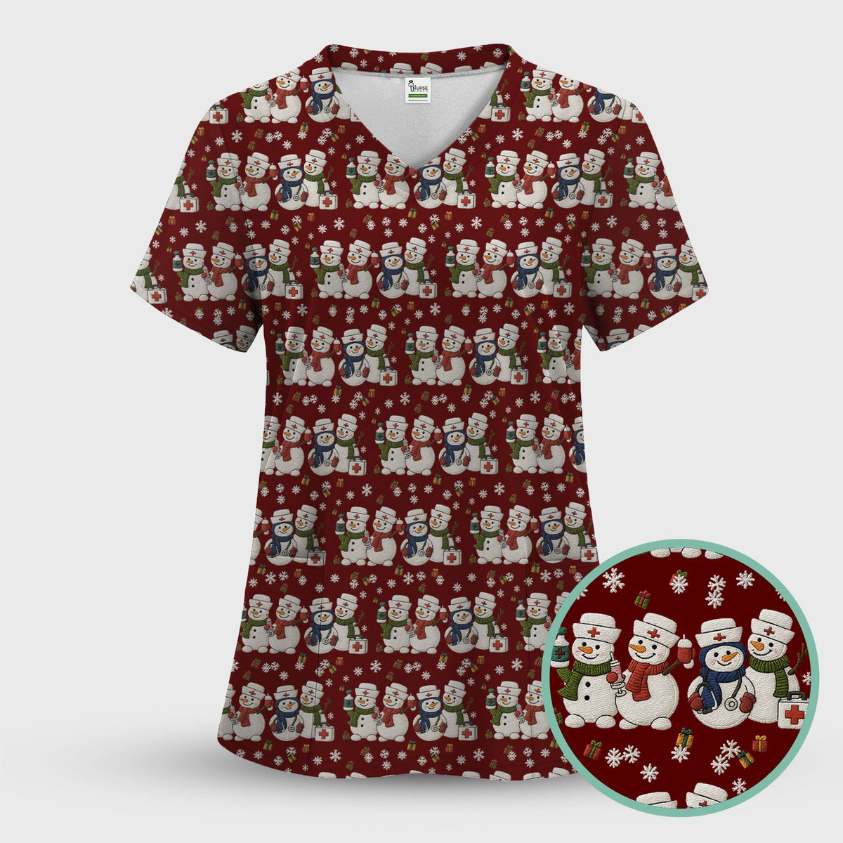 Cute Christmas Snowman Nurse Pattern Scrub Top, Breathable Fabrics Nursing Uniform